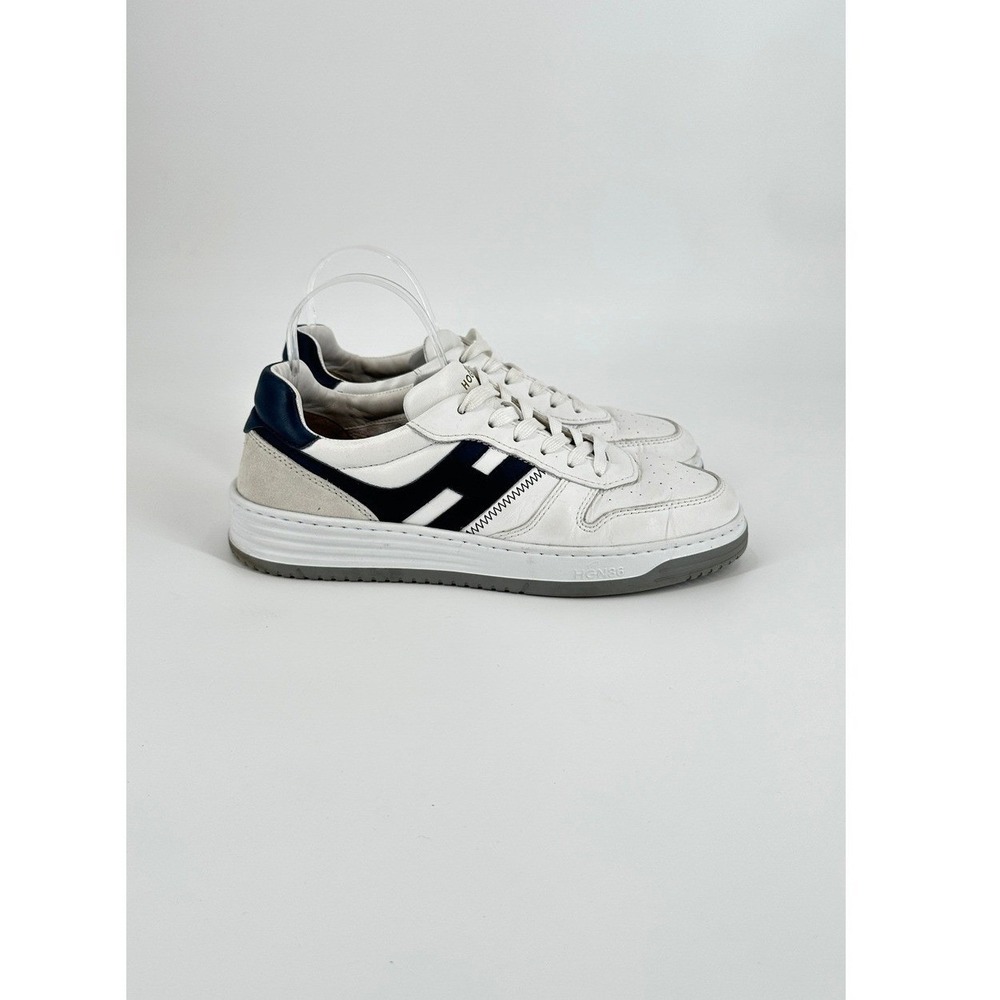 Hogan H630 Mens White Leather Navy Blue‎ Low Top Sneakers Made in Italy